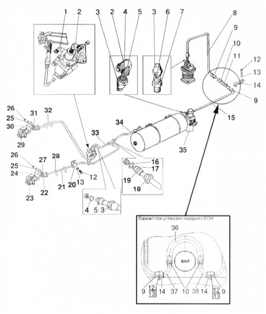 Трубопроводы и арматура двухпроводного пневмопривода тормозов прицепа (3506)